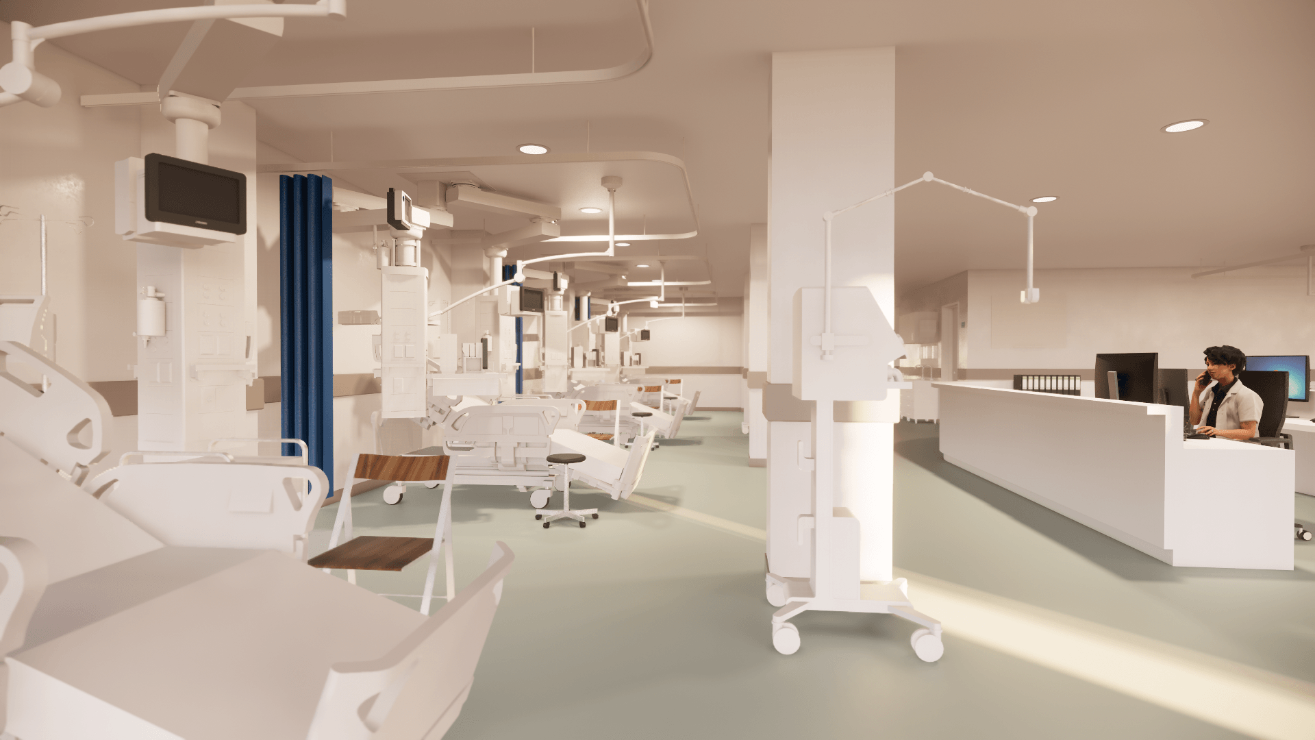 Een artist's impression van een ziekenhuiskamer met veel bedden en een receptie.