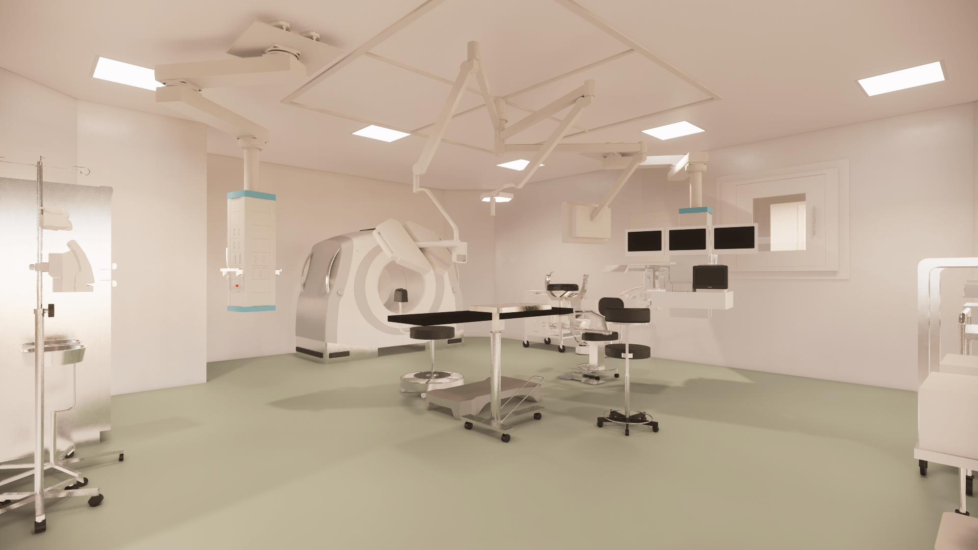 Een artist's impression van een operatiekamer in een ziekenhuis.