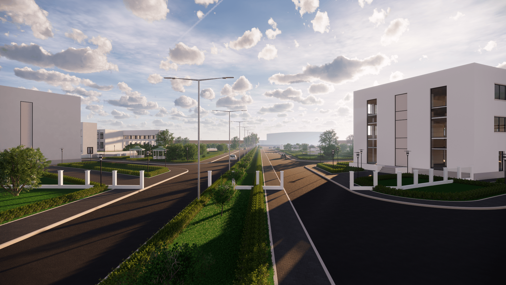 Een artistieke impressie van een weg die naar een gebouw leidt.