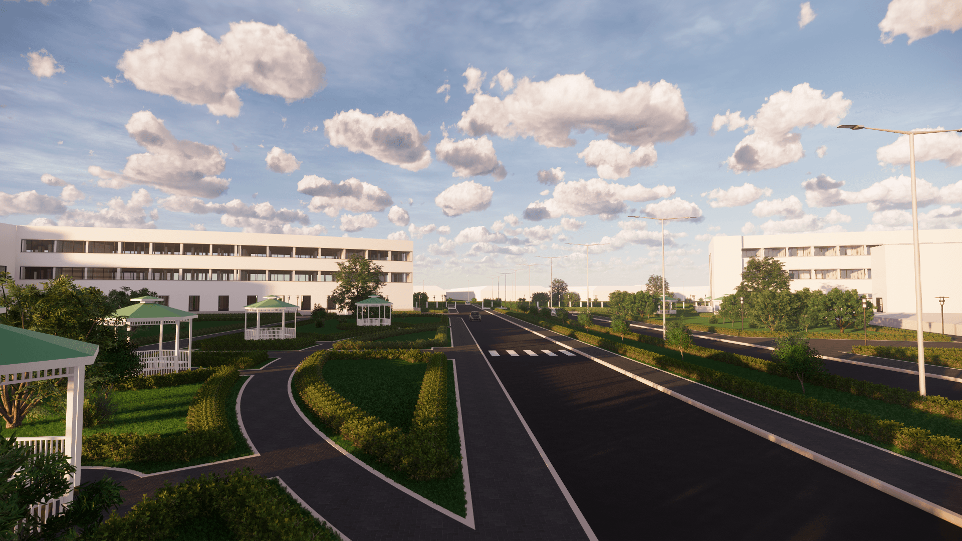 Een artist's impression van een weg met in het midden een tuinhuisje.