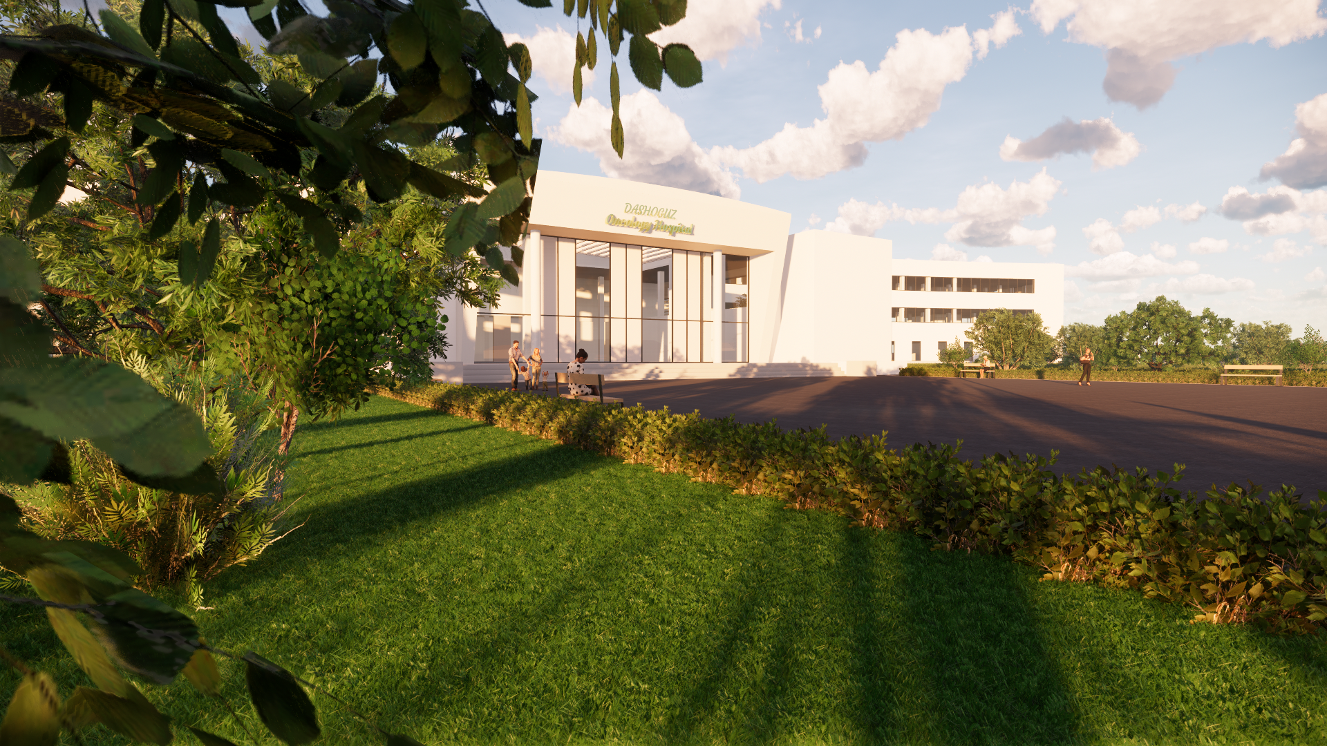 Een artistieke impressie van een groot wit gebouw omgeven door bomen en gras.