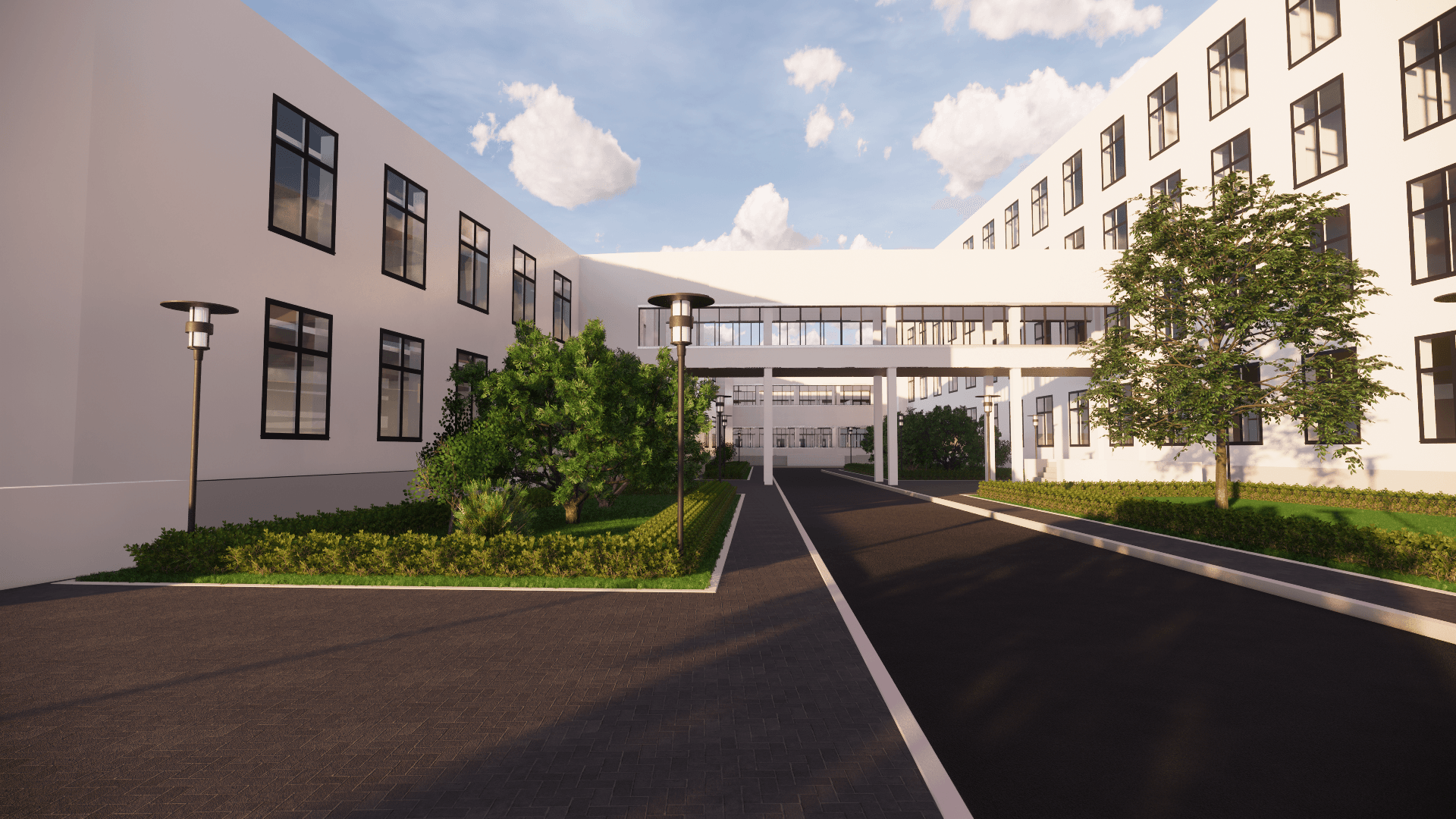 Een artist's impression van een ziekenhuis met een brug tussen twee gebouwen.