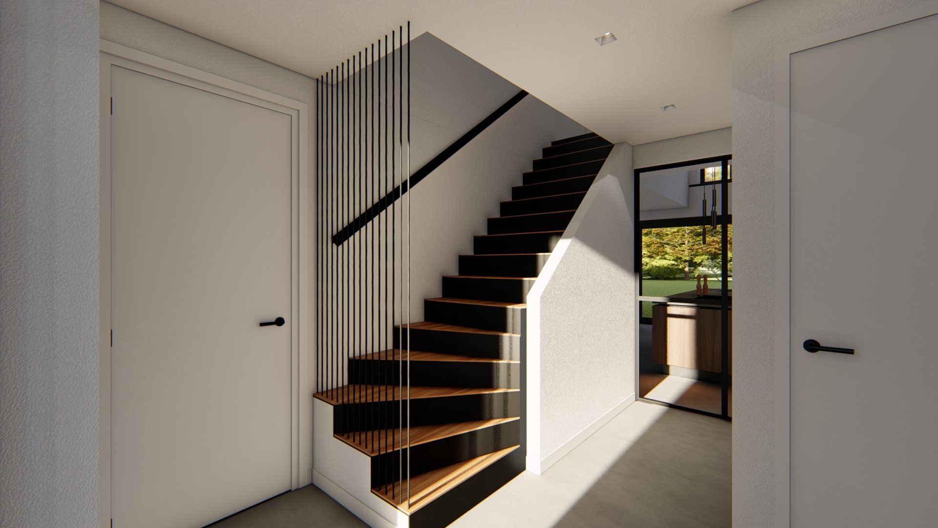 Een artist's impression van een trap in een huis.