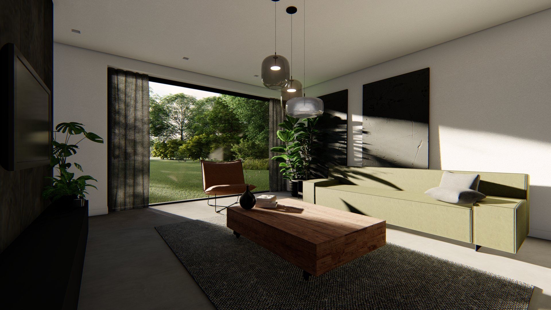 Een woonkamer met een bank, tafel, stoel en televisie.