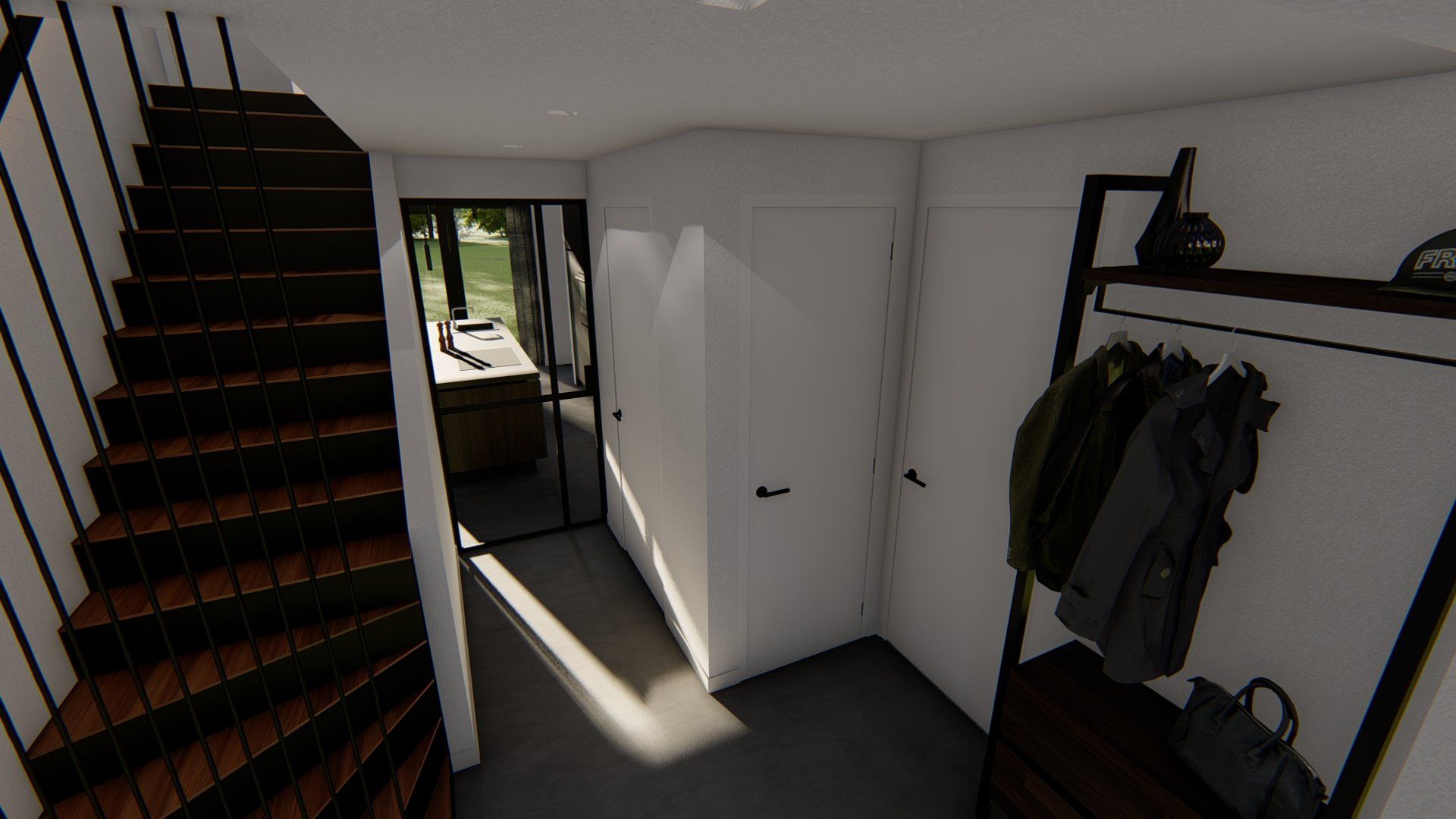 Een gang met trap die naar de tweede verdieping van een huis leidt.