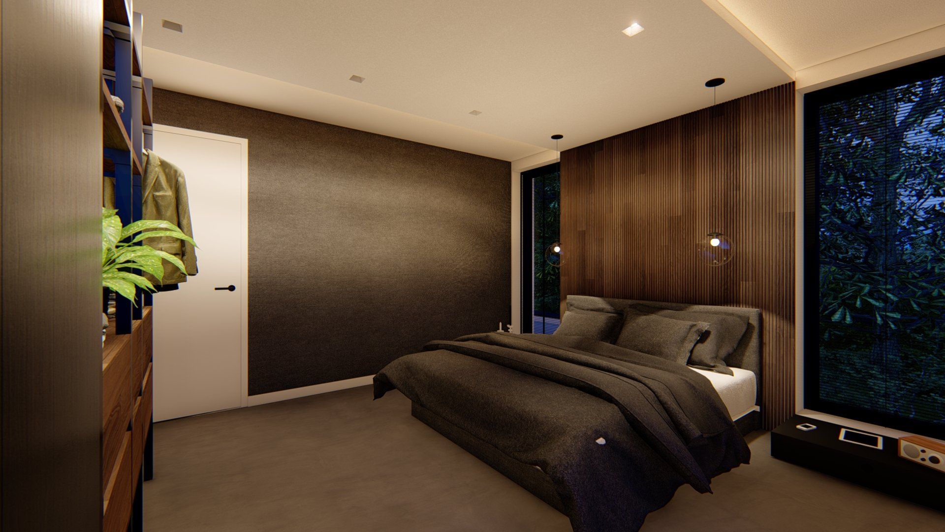 Een slaapkamer met een groot bed en een groot raam.