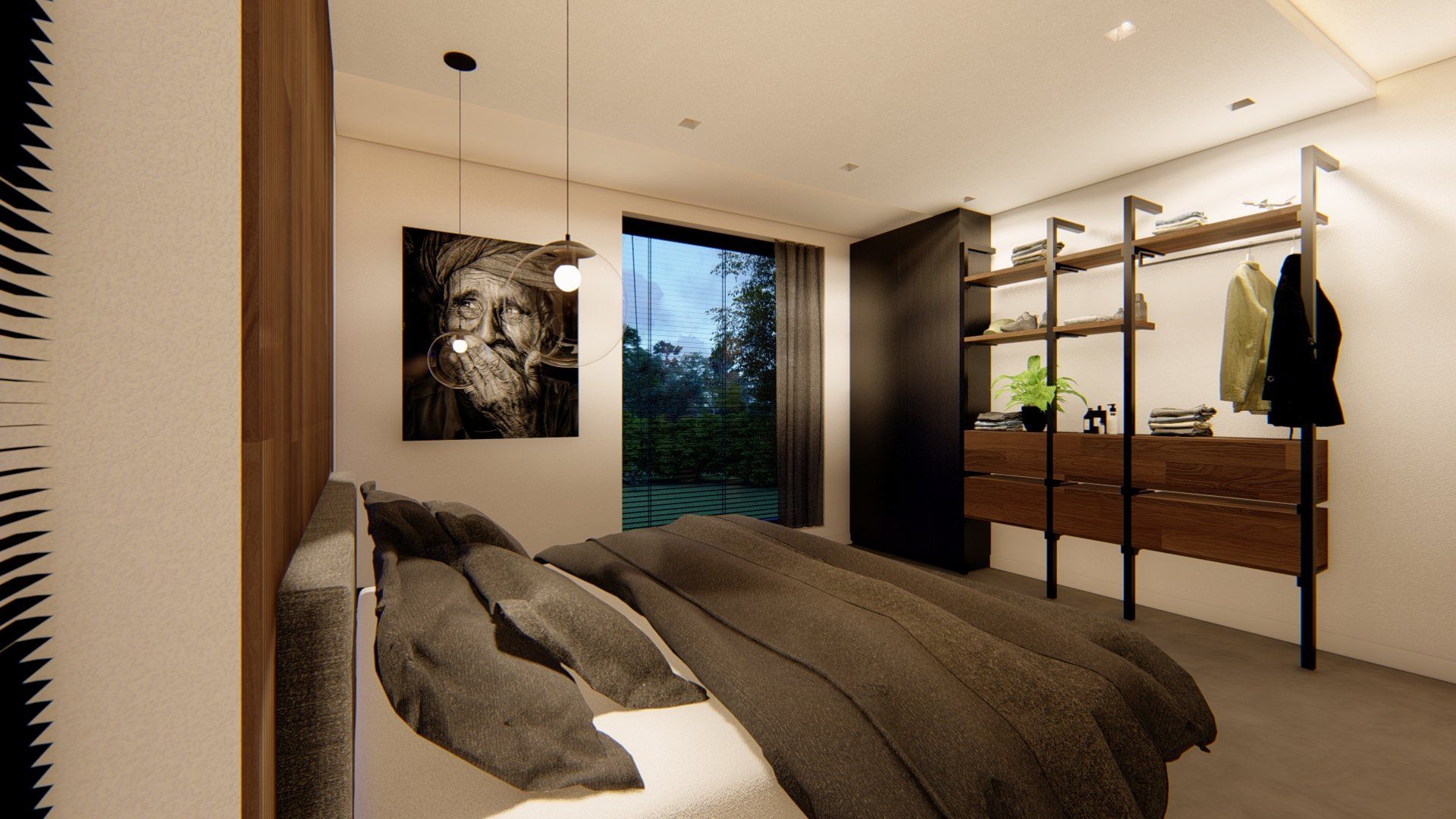 Een slaapkamer met een groot bed en een inloopkast.