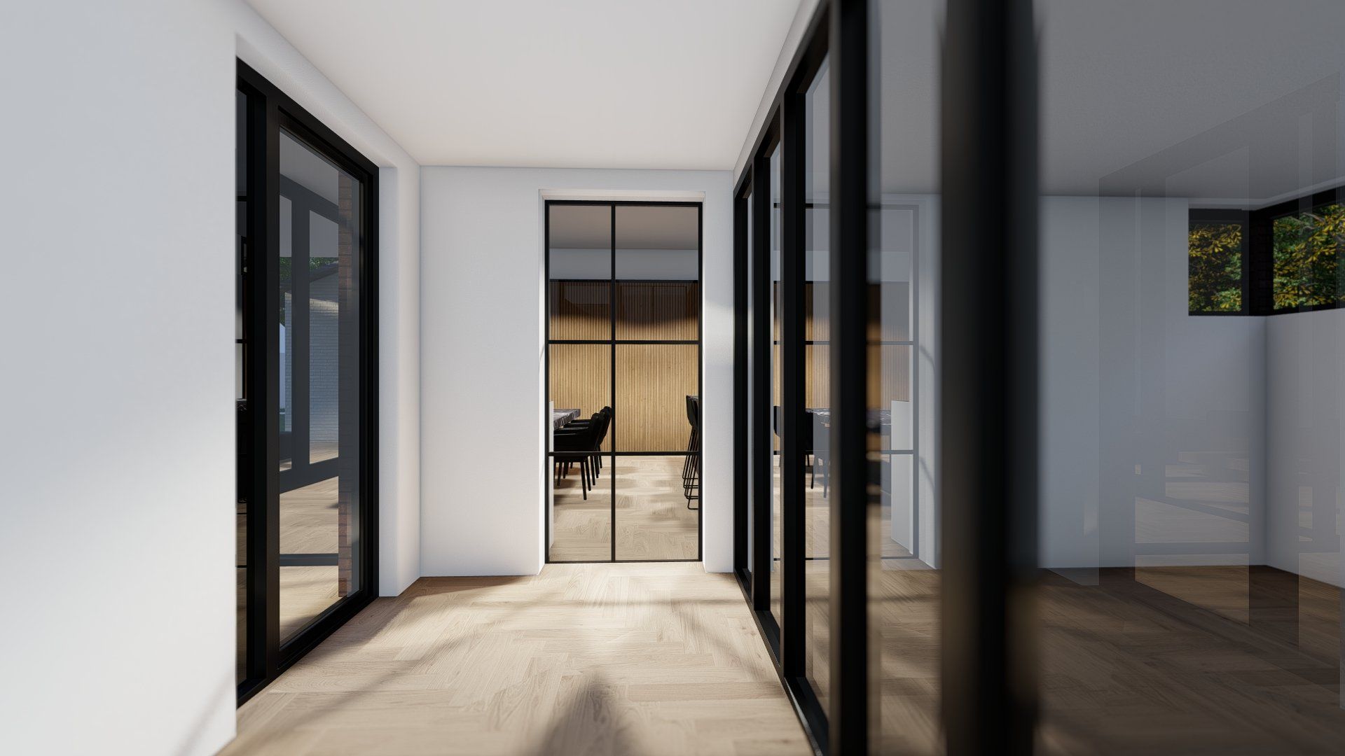 Een gang met glazen schuifdeuren en een piano op de achtergrond.