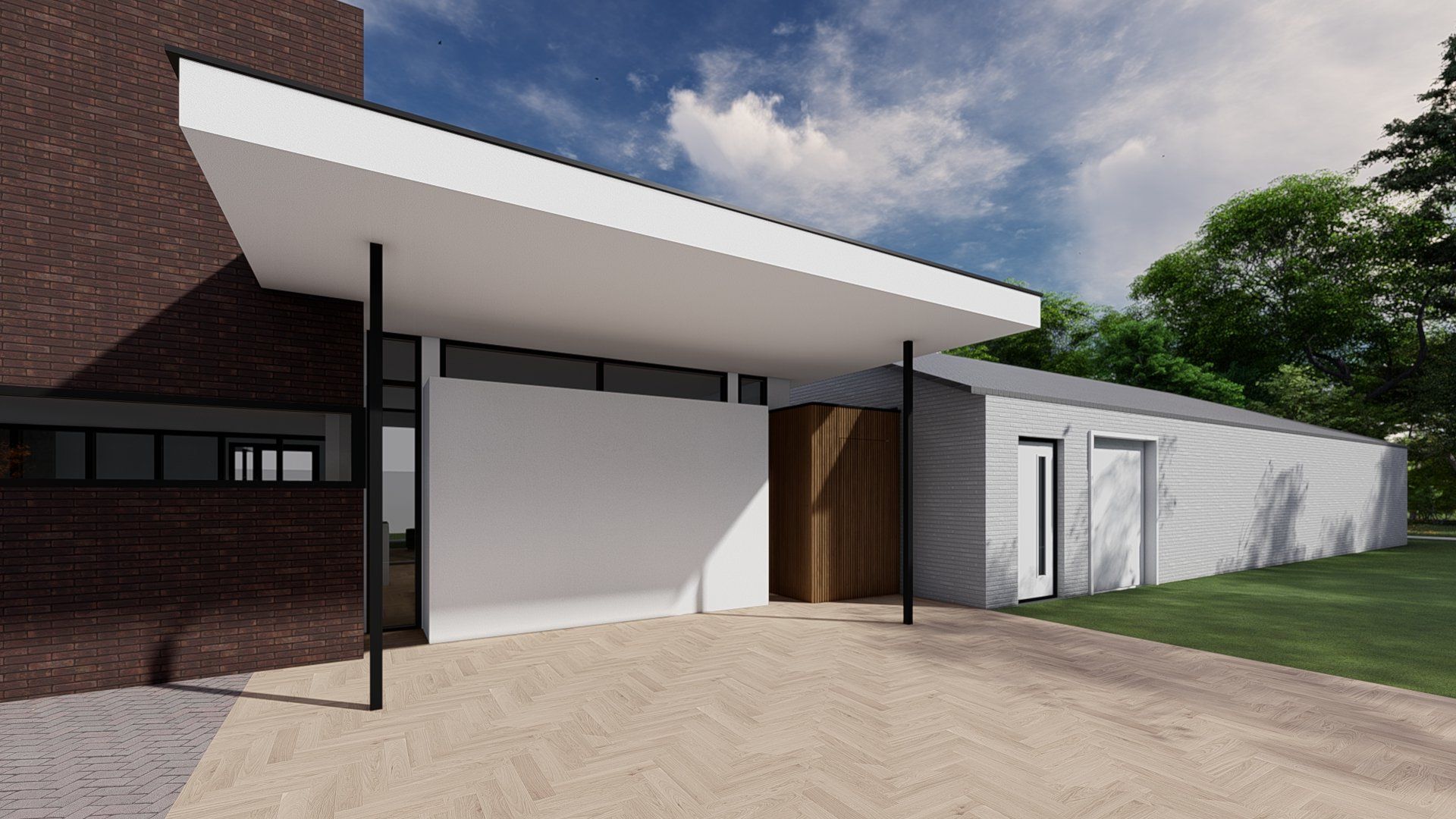 Een artistieke impressie van een modern huis met een bakstenen muur en een wit dak.