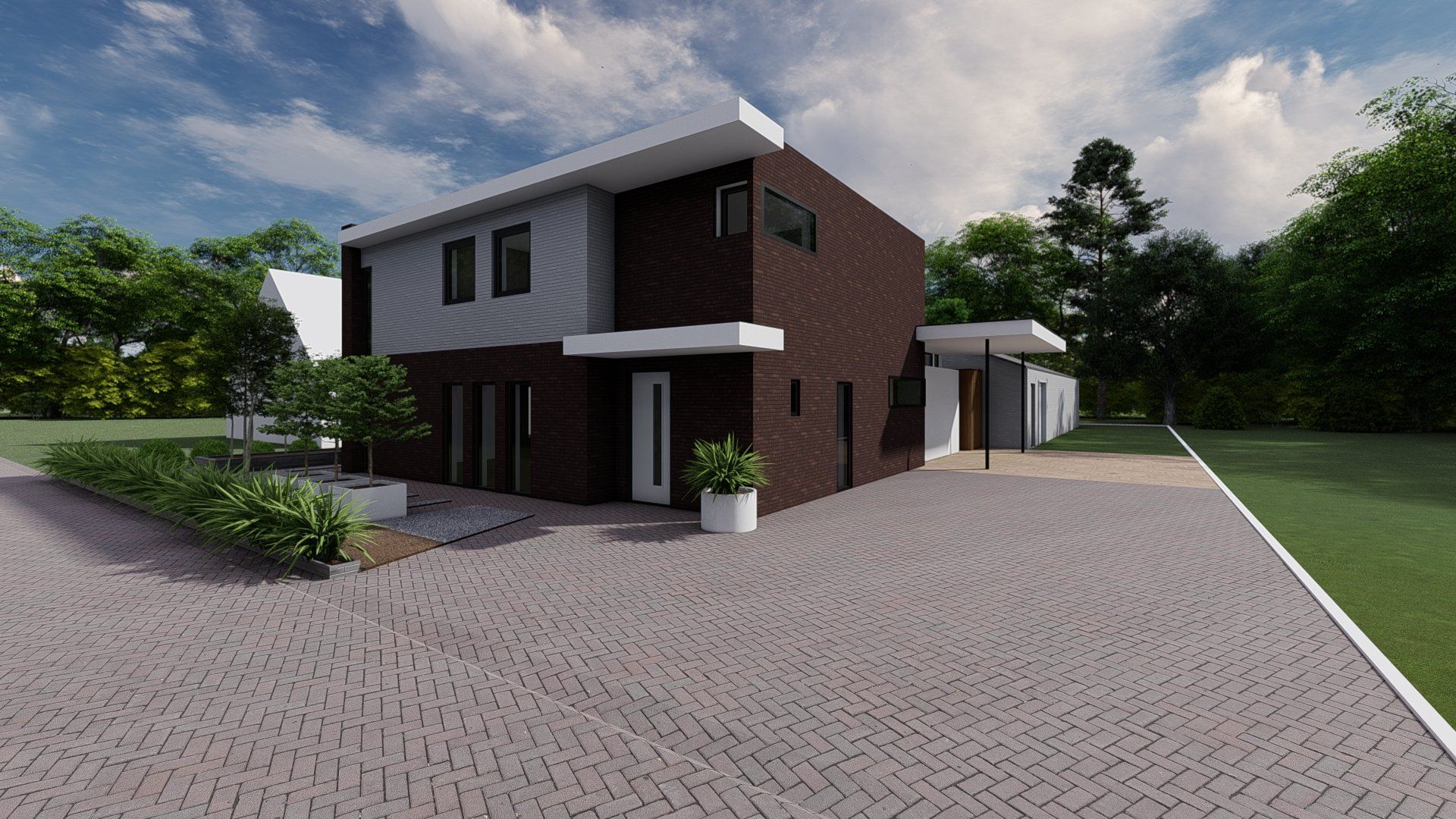 Een artist's impression van een modern huis met een oprit ernaar toe.