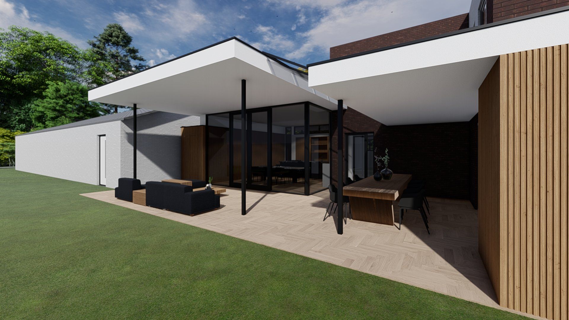 Een artistieke impressie van een modern huis met een grote patio.