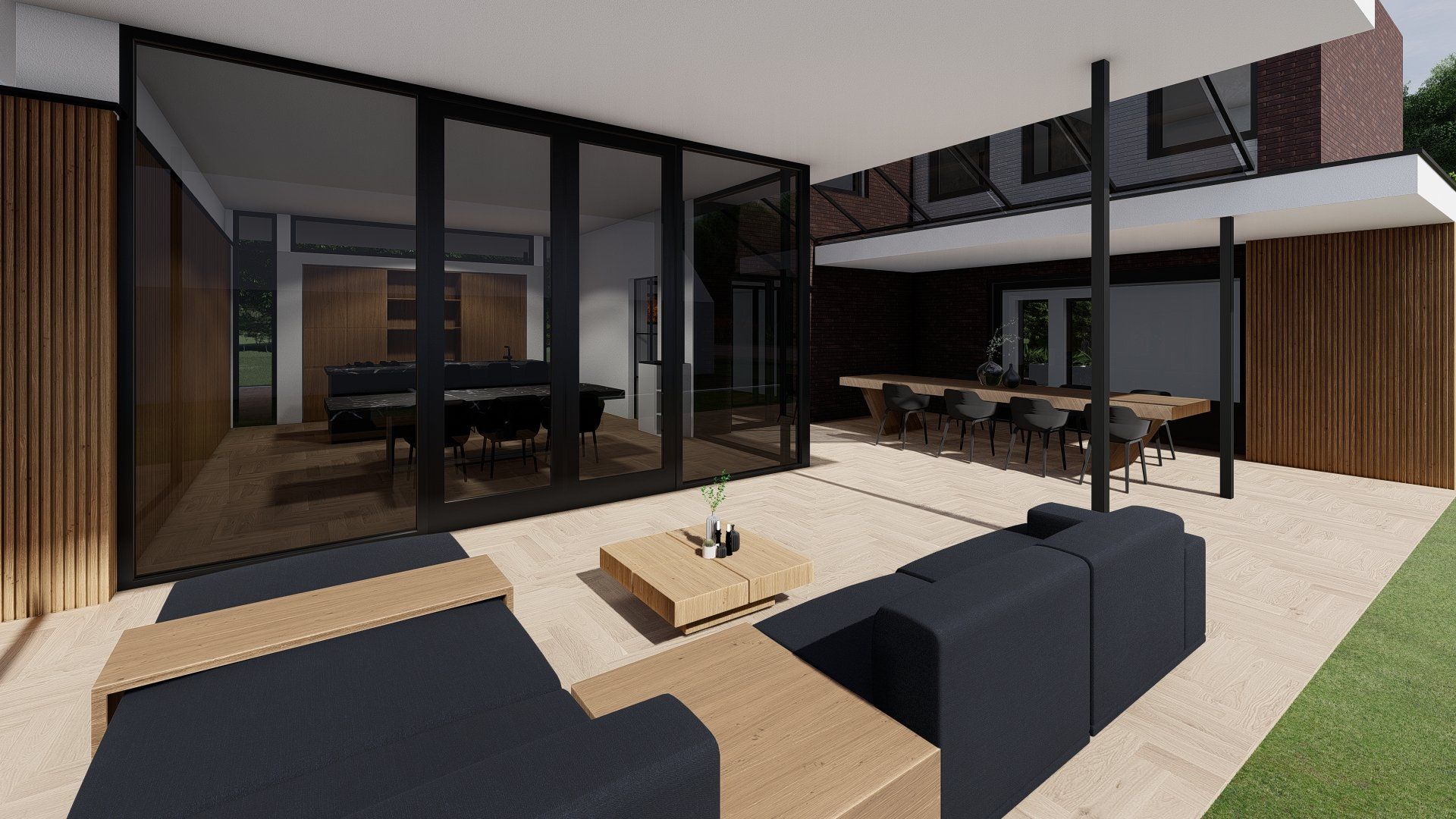 Een artistieke impressie van een modern huis met een patio.