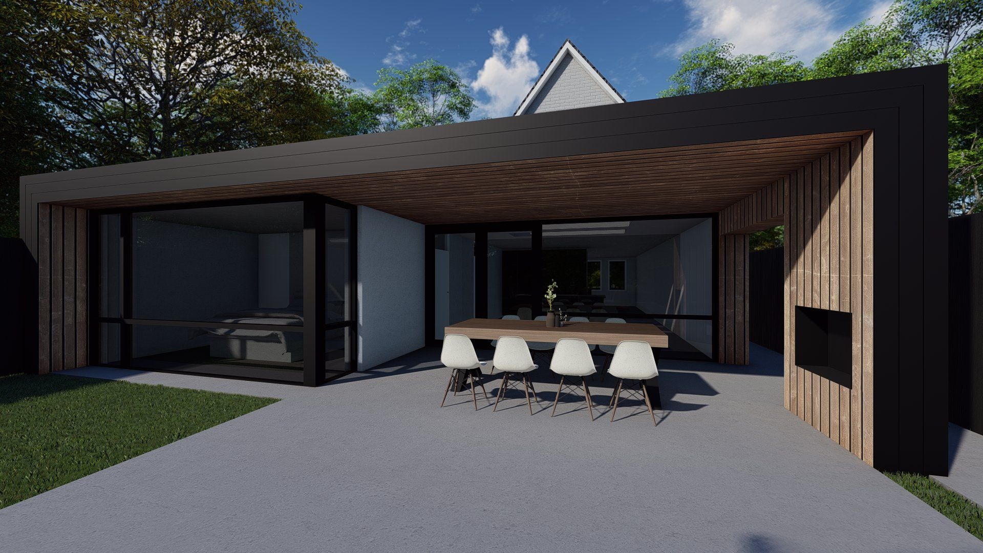 Een artist's impression van een huis met een tafel en stoelen buiten