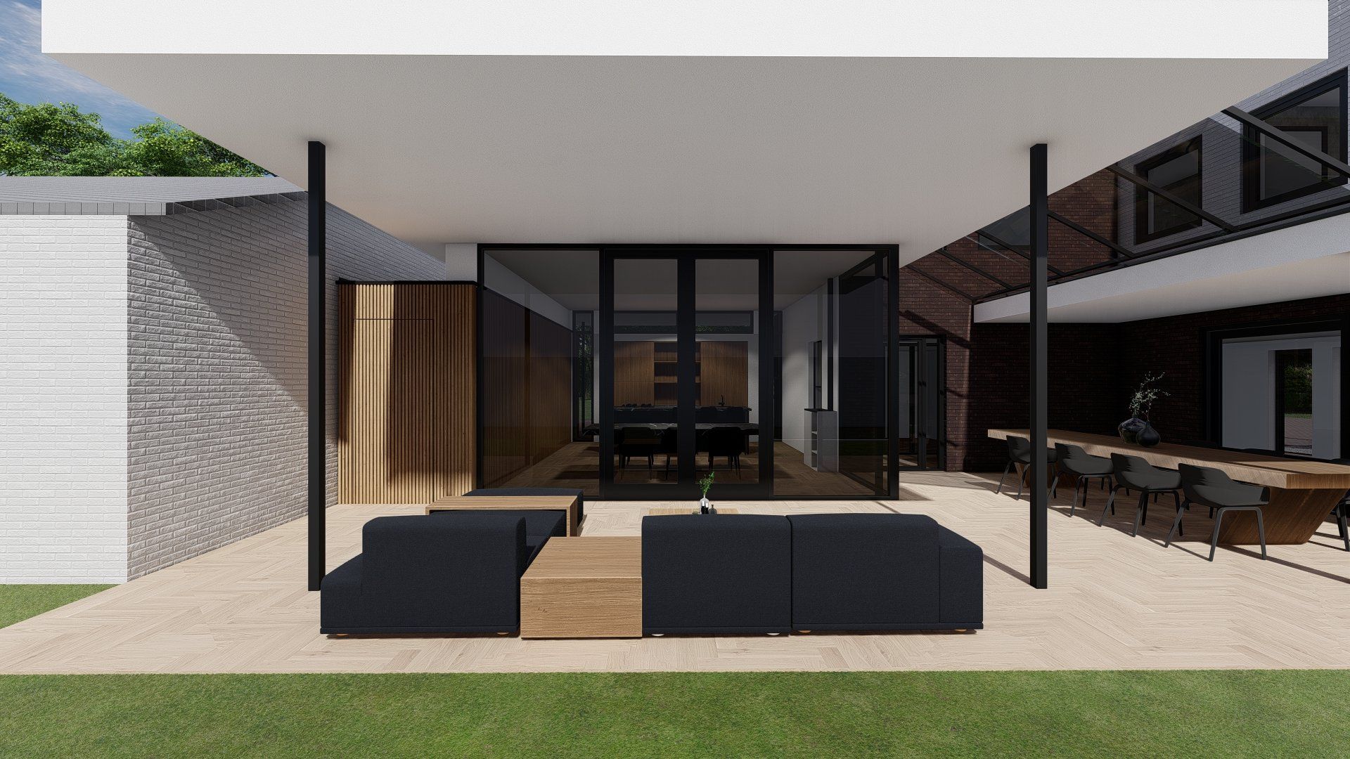 Een artistieke impressie van een modern huis met een grote patio.