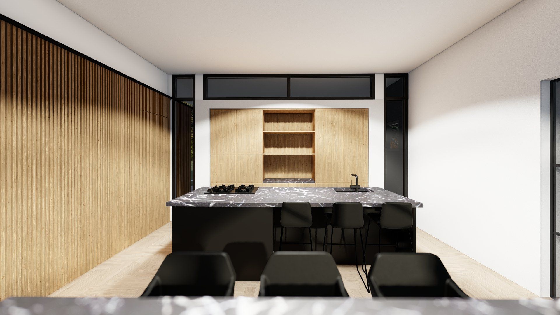 Een artist's impression van een keuken met een groot eiland in het midden.