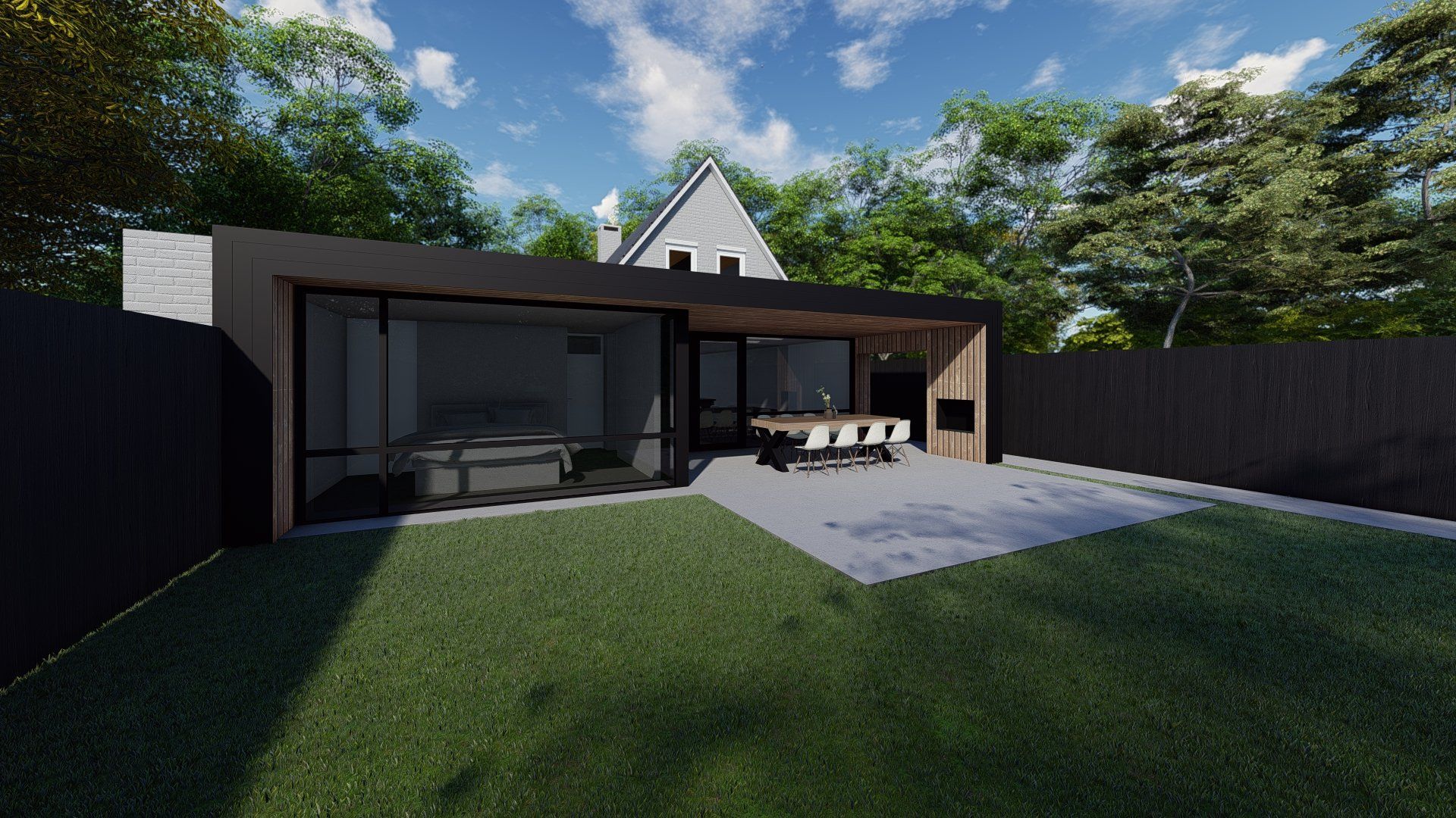 Een artist's impression van een modern huis met een groot grasveld ervoor.