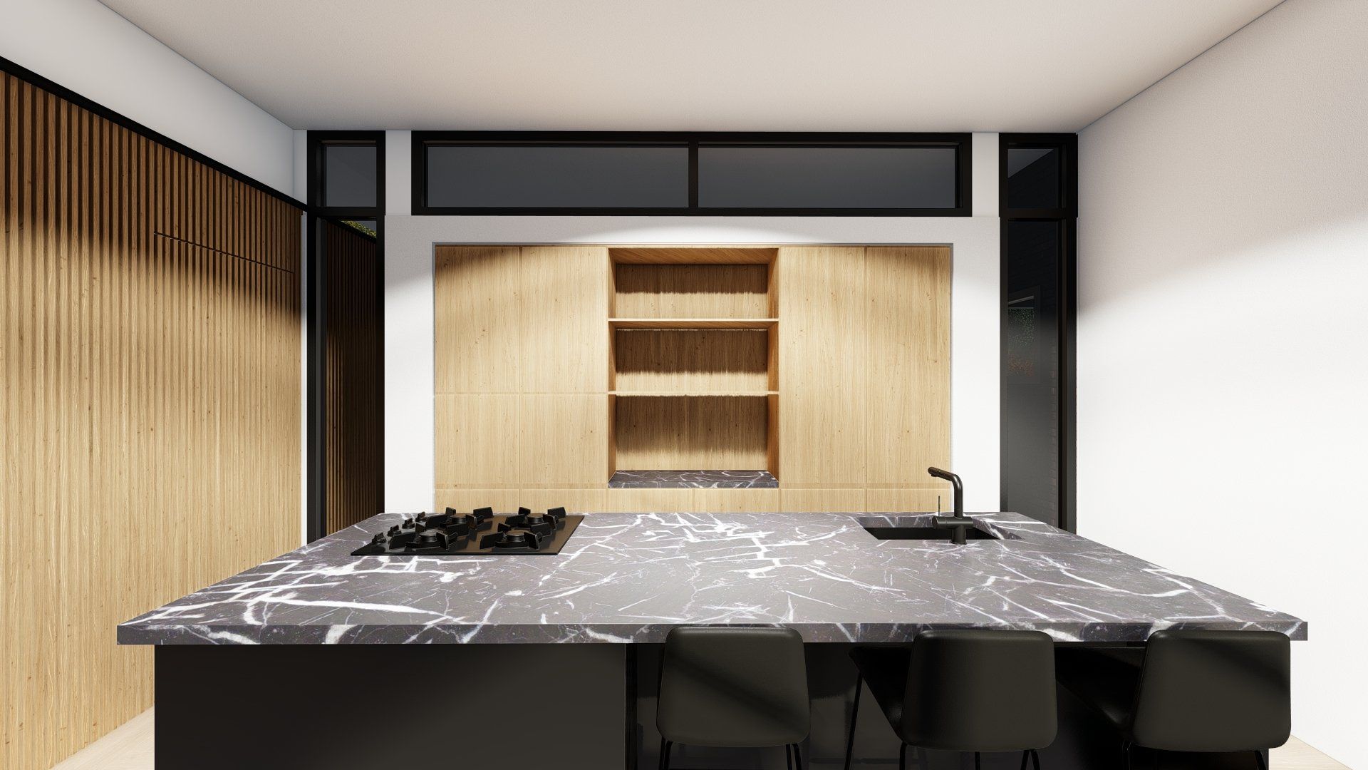 Een keuken met een groot eiland en een kookplaatoven.