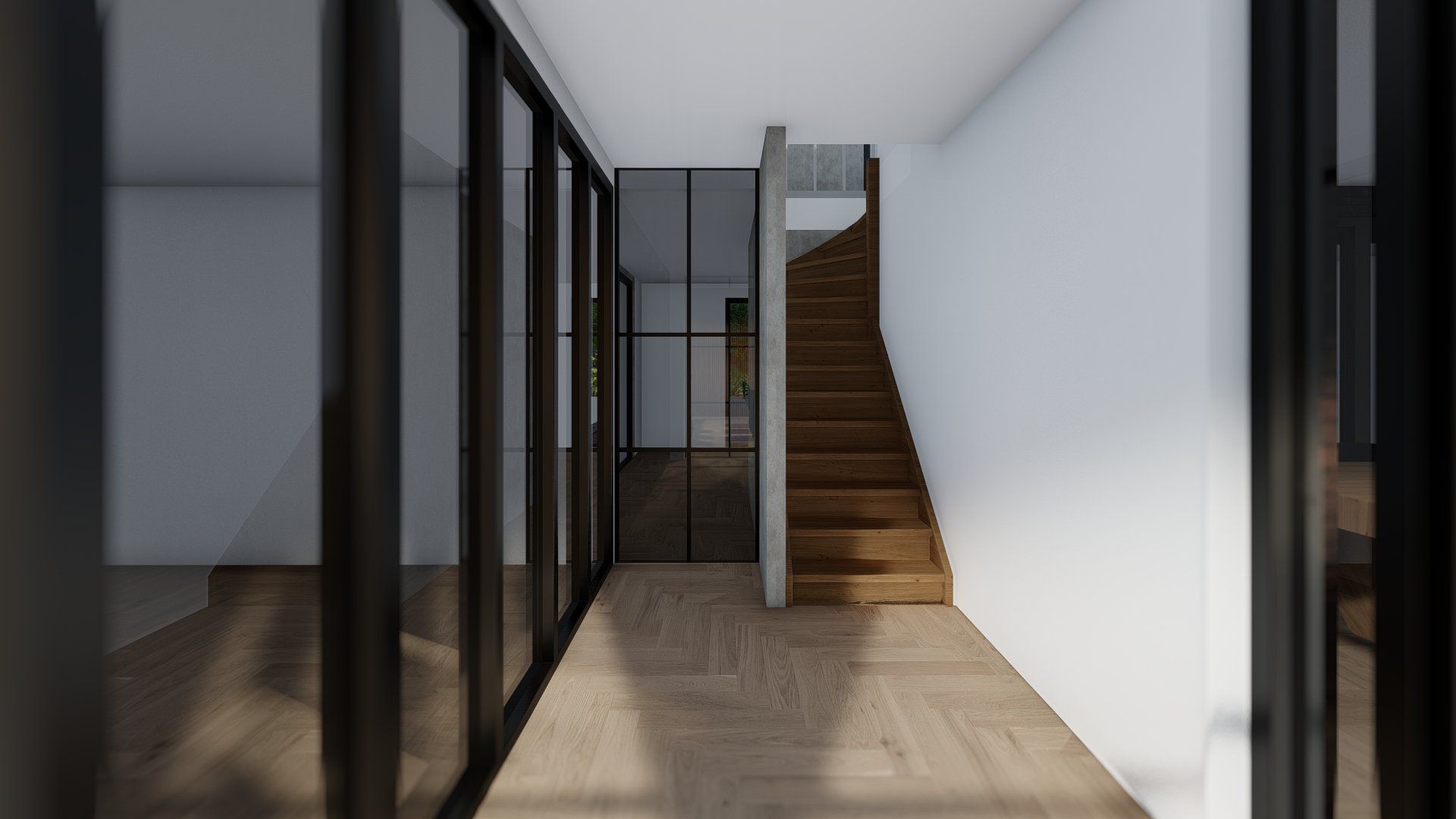 Een gang met een houten trap en veel ramen.