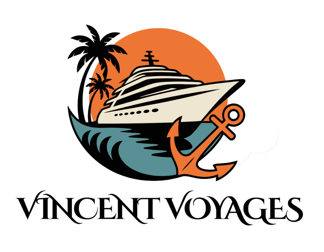 Logo for Vincent Voyages featuring a cruise ship, anchor, palm trees, and sunset in shades of orange, blue, and black.