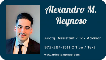 A blue business card for alexandro m. reynoso