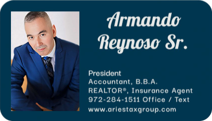 A blue business card for armando reynoso sr.