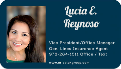 A blue business card for lucia e. reynoso
