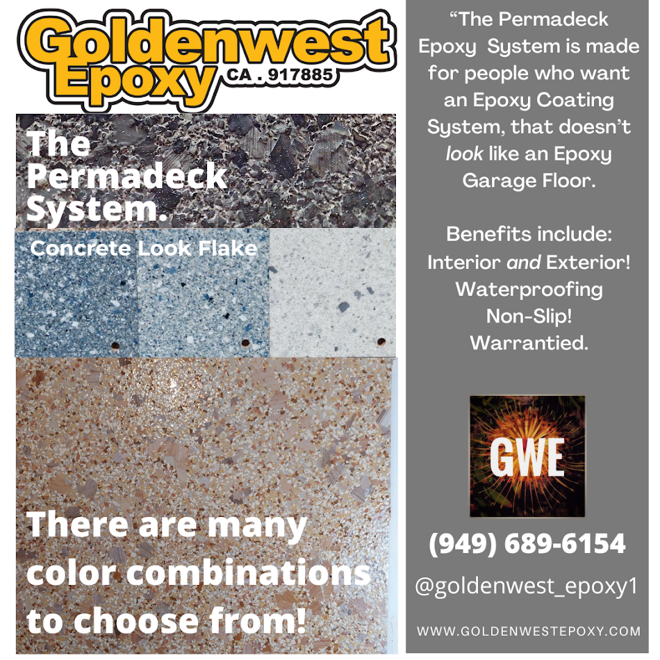 An advertisement for goldenwest epoxy pool decks and walkways