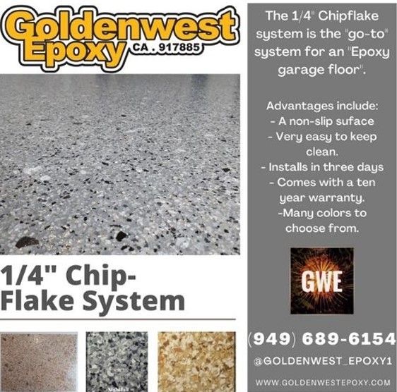 An advertisement for goldenwest epoxy has a picture of a chip flake system