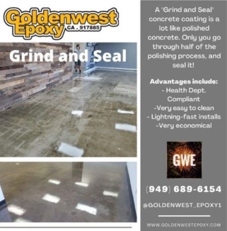 An advertisement for goldenwest epoxy grind and seal