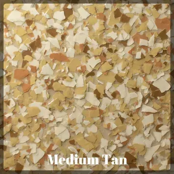A close up of a pile of brown and white chips with the words medium tan written on the bottom.
