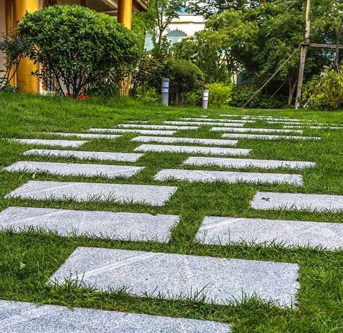A stone walkway going through a lush green field.