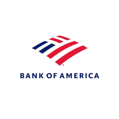 Bank of America logo with a curved, abstract design in red, white, and blue, over the text 