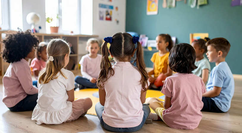 Children in a room with hands clasped in prayer position, observing a person facing them.
