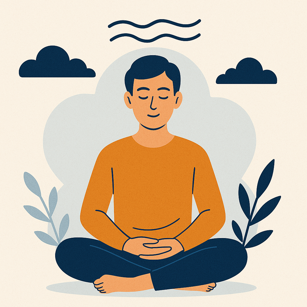 Person meditating cross-legged with eyes closed. Orange shirt, blue pants. Blue clouds and leaves in a light-colored setting.