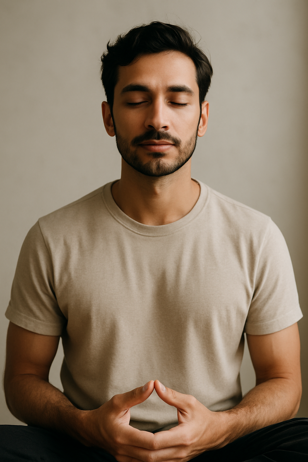 Man in beige shirt meditating with hands clasped, eyes closed.