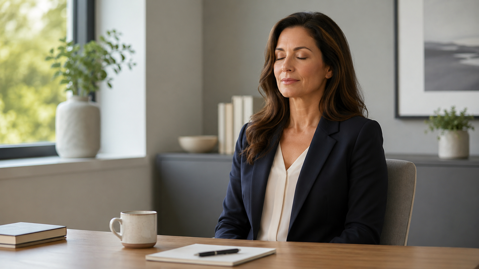 Professional woman in a navy blazer sitting quietly at a desk with eyes closed, taking a mindful breath in a calm office setting.