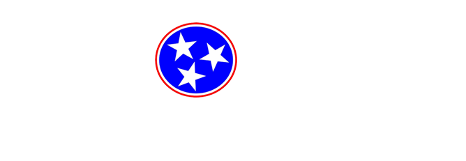 Blue circular Tennessee state emblem with three white stars and a red border on a white background