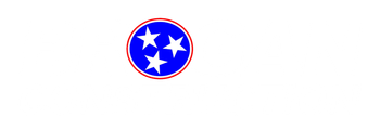 Blue circular Tennessee state emblem with three white stars and a red border on a white background