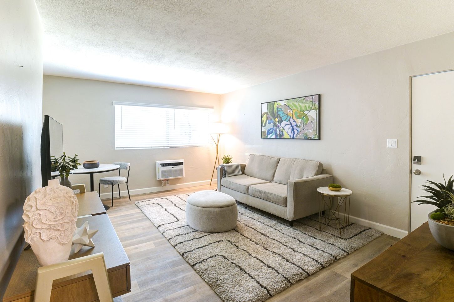 Photo showing what a living room in the building could look like when furnished - photo includes a large soft rug, a couch, television and plenty of natural light