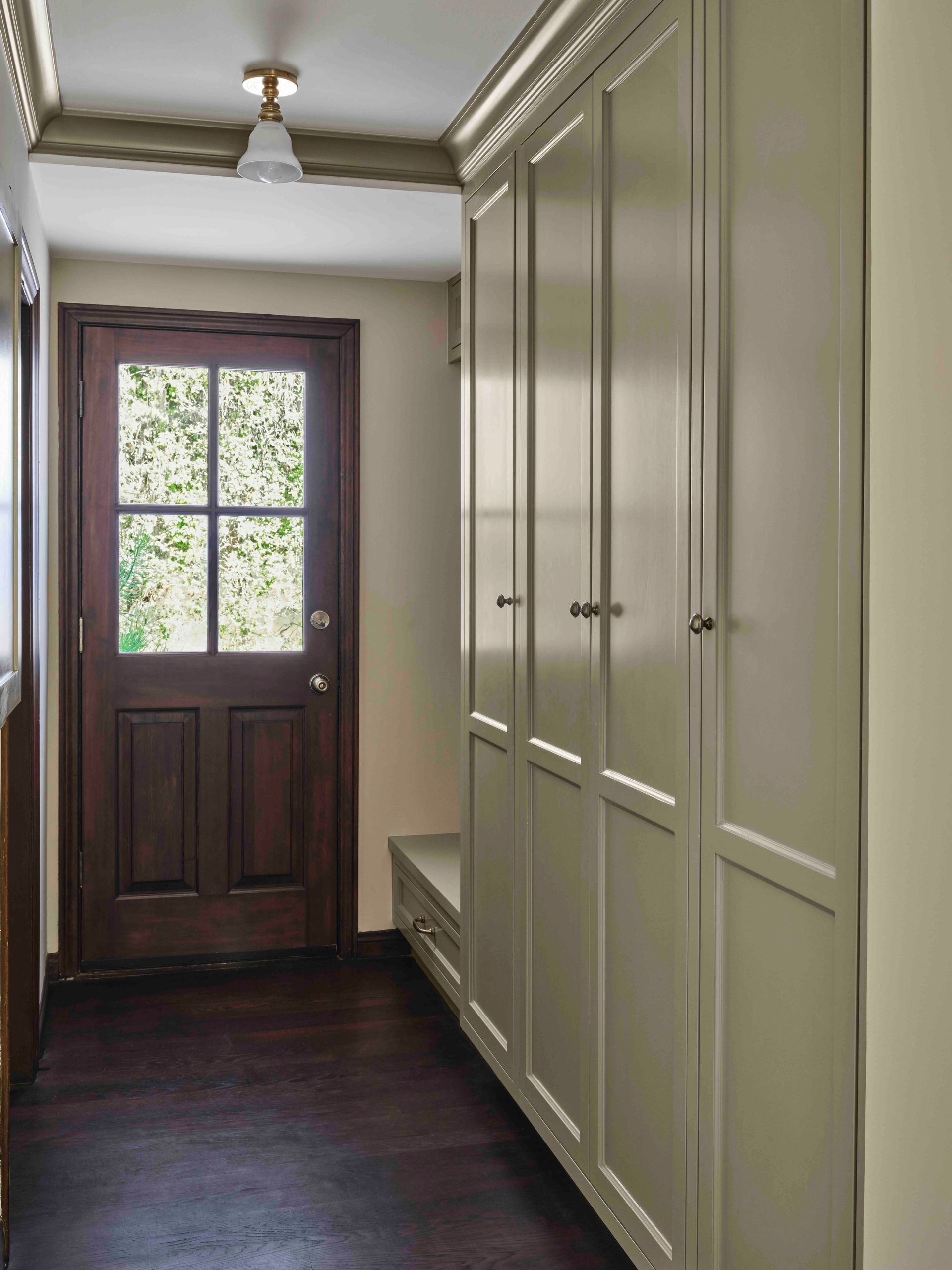A narrow hallway featuring dark wood floors, a brown paneled door, and a wall of tall, light-gray built-in storage cabinets.