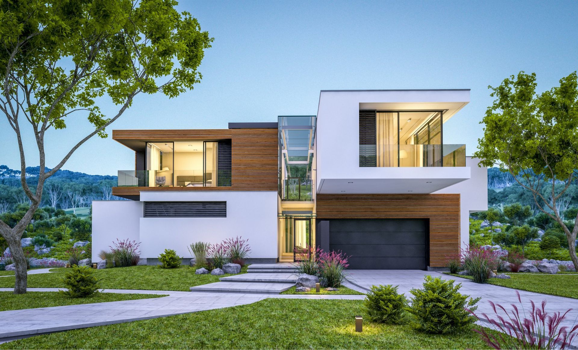 Modern two-story house with white and wood siding, glass elevator, garage, and landscaped yard.