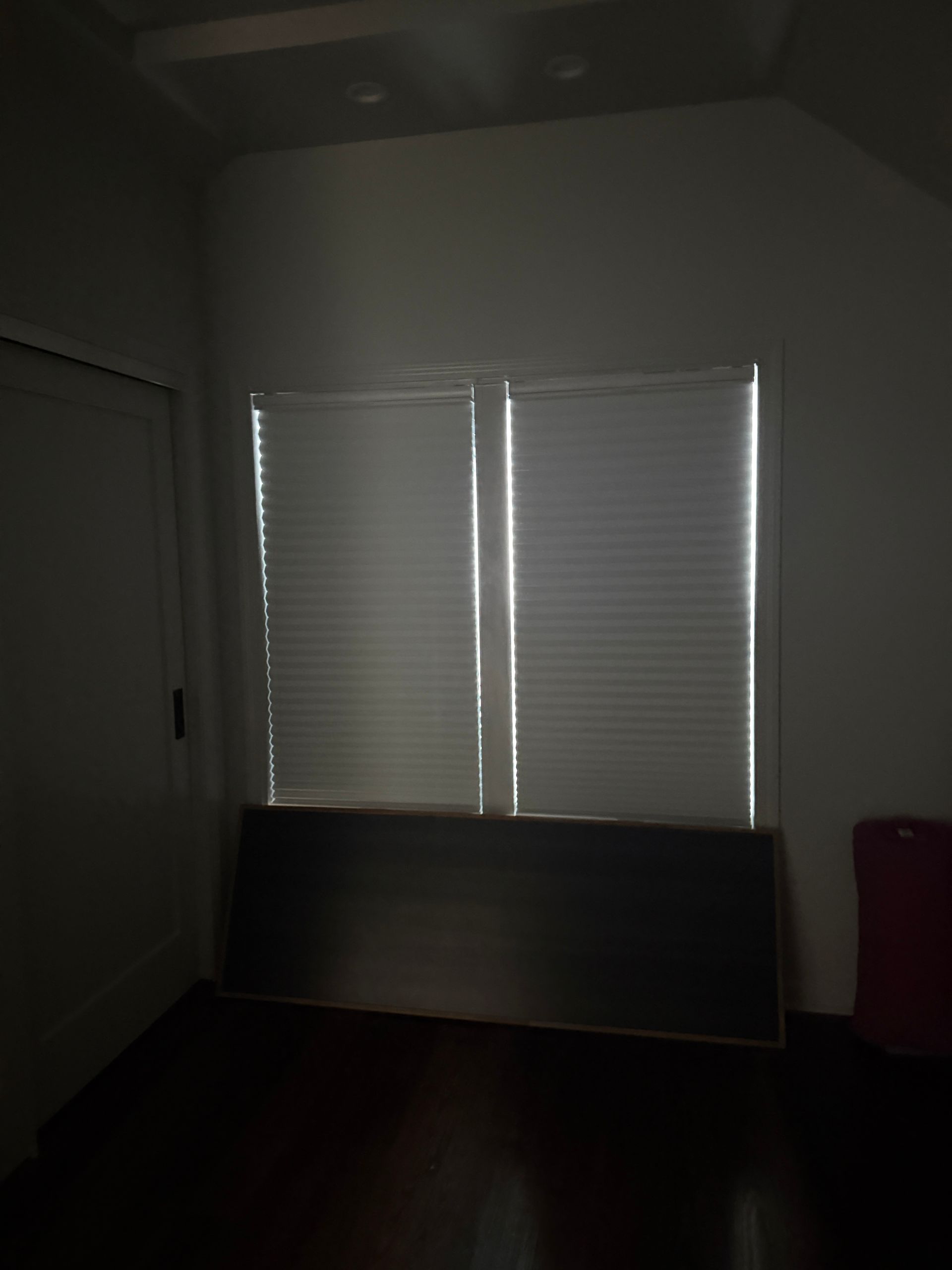 A dark room with blinds on a window. Light streams in from the outside. A closed door is on the left.
