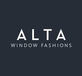 The logo for alta window fashions is on a dark blue background. Love is Blinds Arizona (844) 936-2446