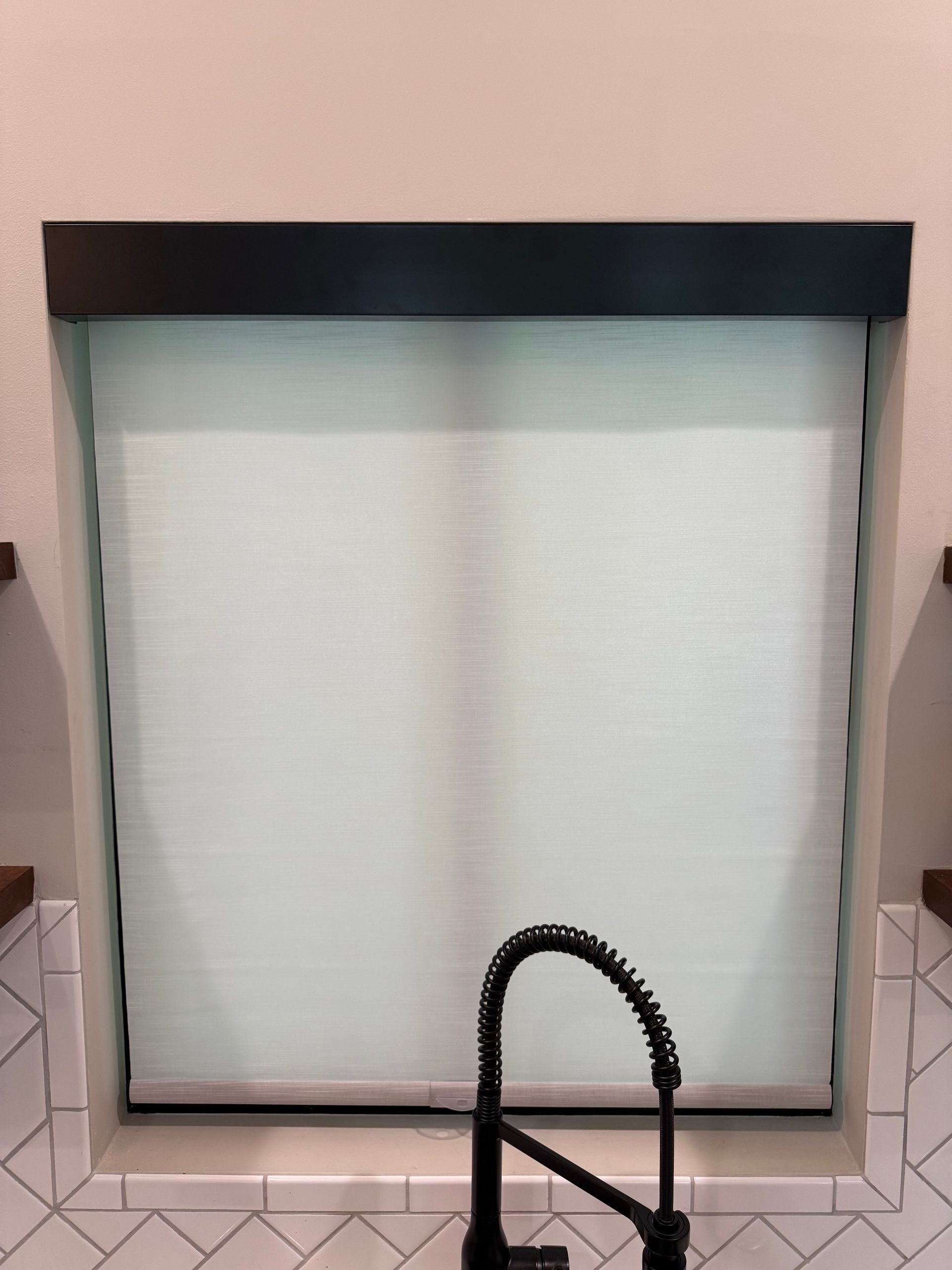 After Alta BLISS automation – grouped motorized roller shades – sunset scene, Fairview NC