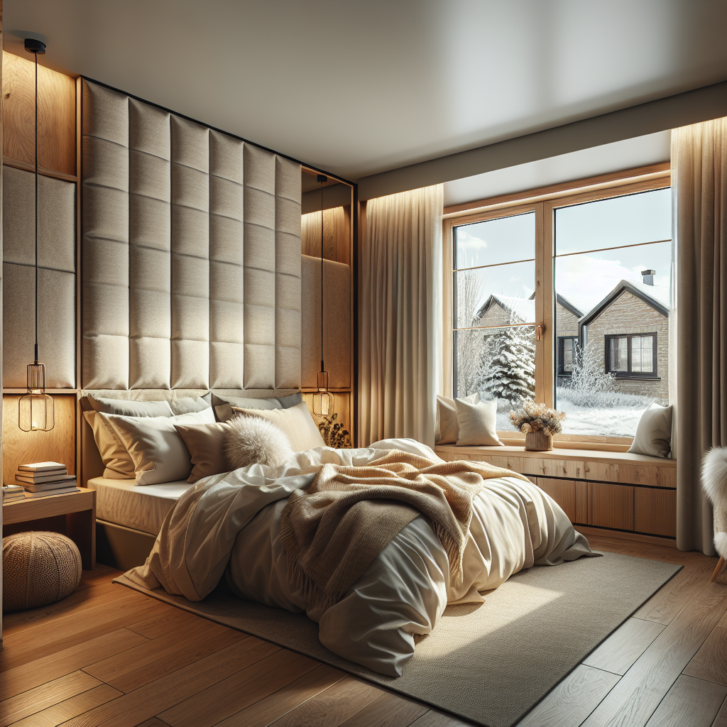 Cozy bedroom with a large window, a padded headboard, and a neutral color palette.