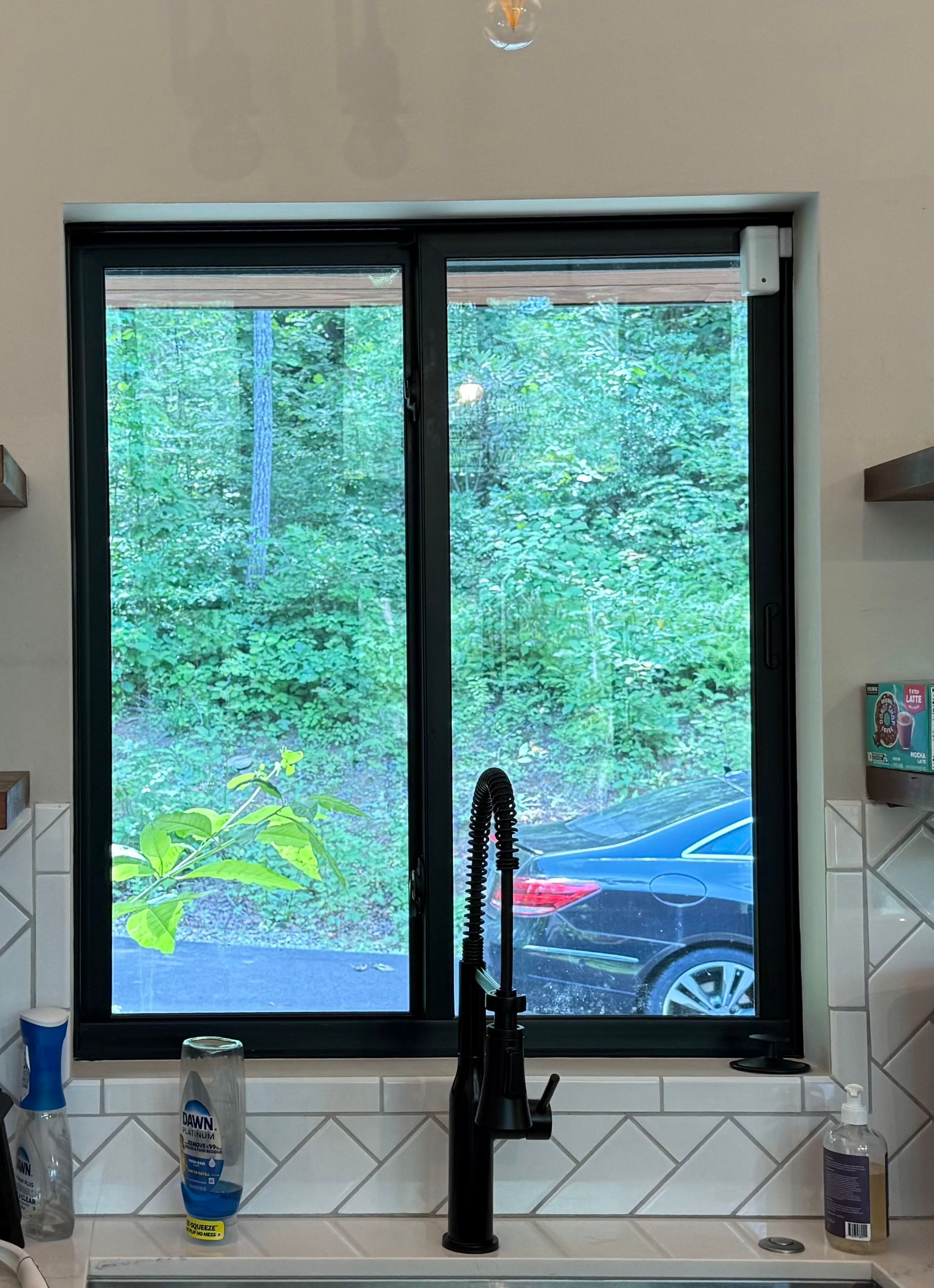 Before Alta BLISS automation – grouped motorized roller shades – sunset scene, Fairview NC