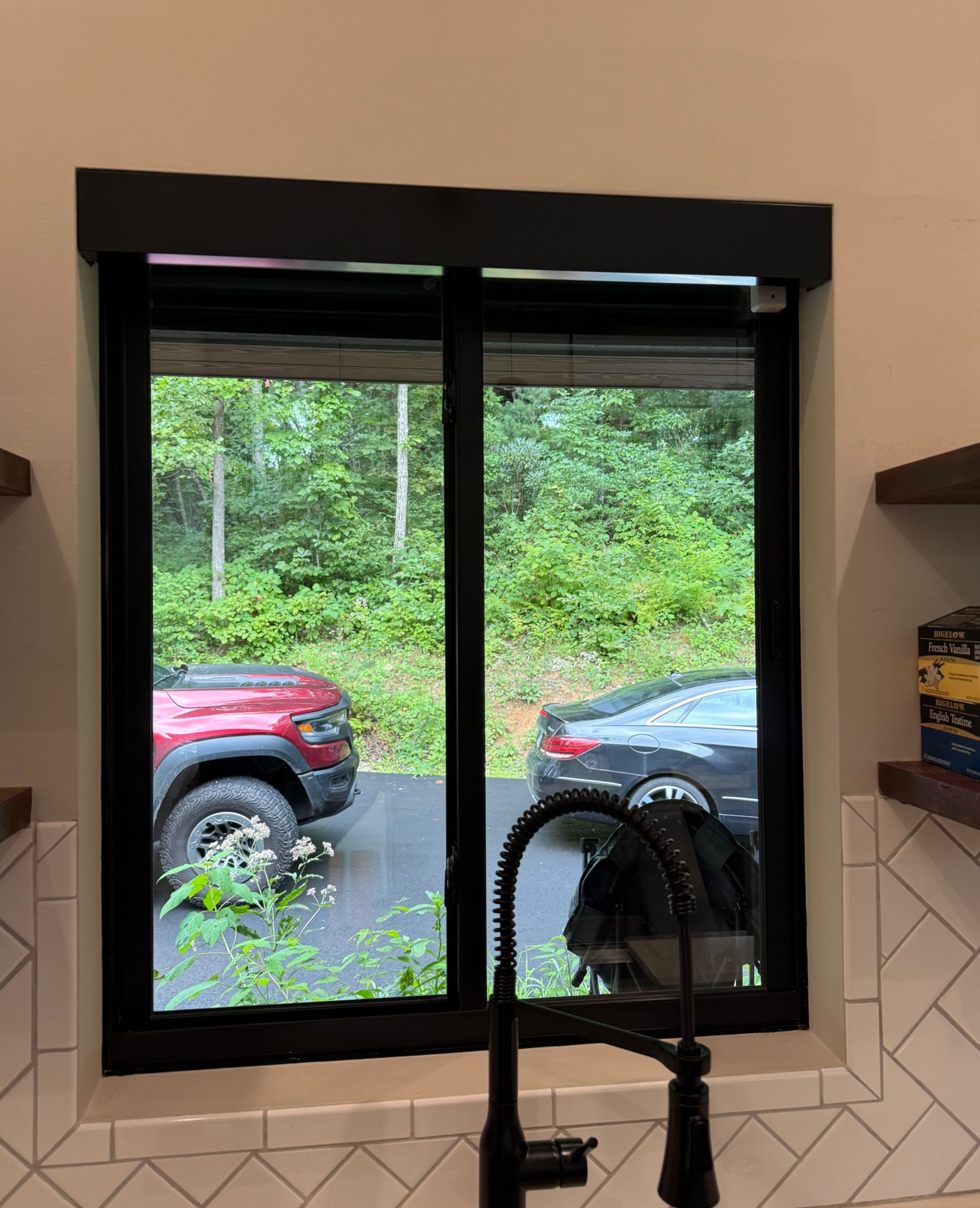 During Alta BLISS automation – grouped motorized roller shades – sunset scene, Fairview NC
