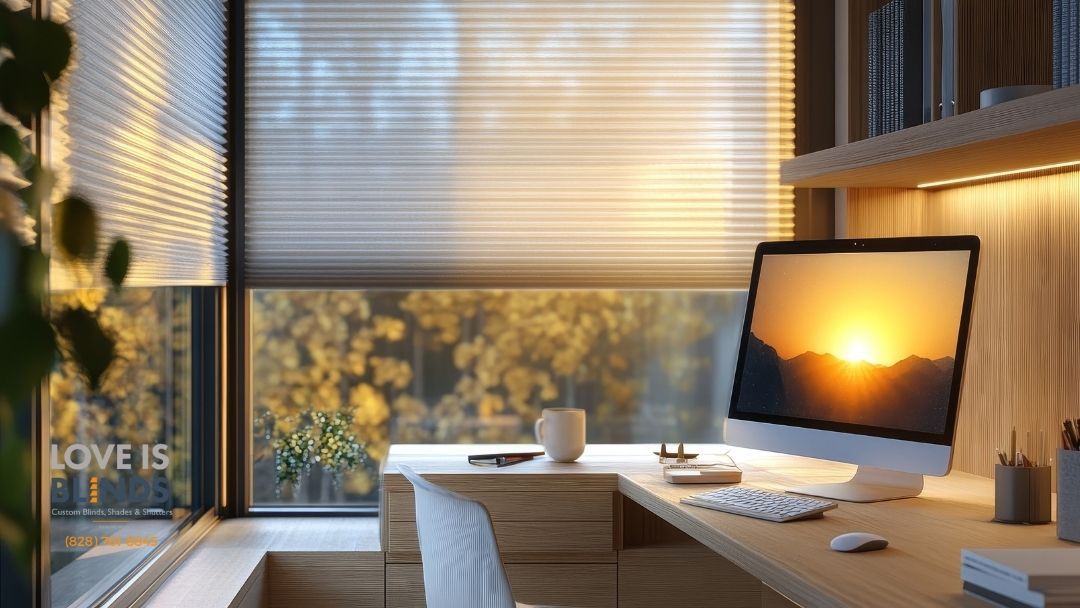 Desk with computer, open window, and a sunset view.