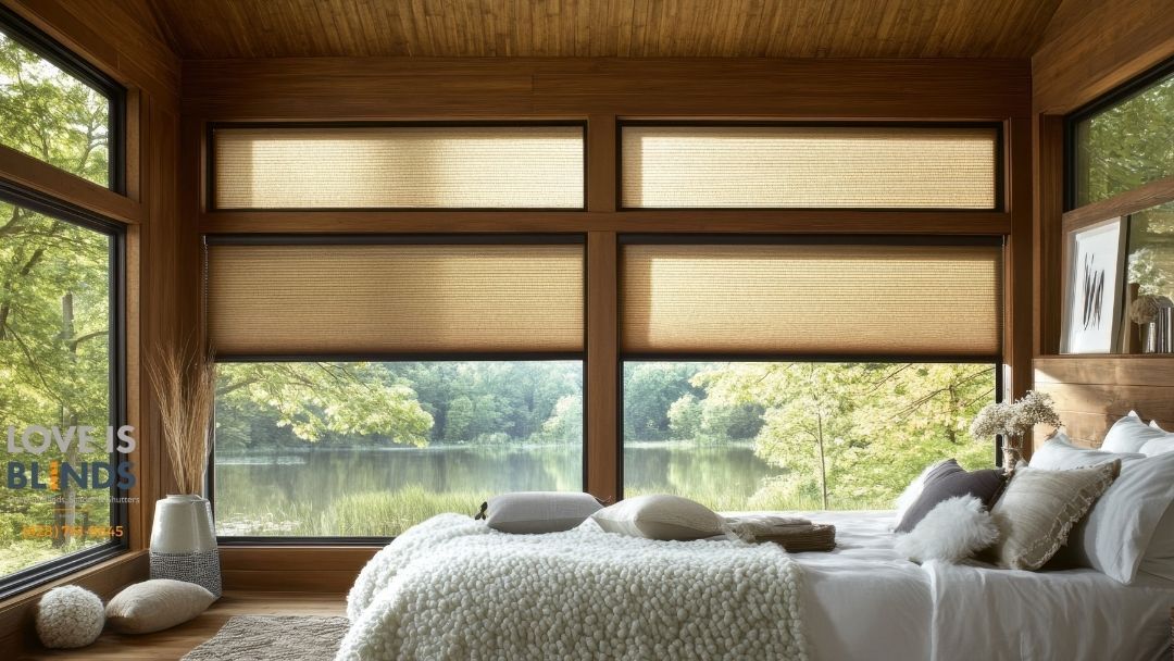 Bedroom with large windows, view of lake, bed with white and gray pillows and blanket, light brown blinds.