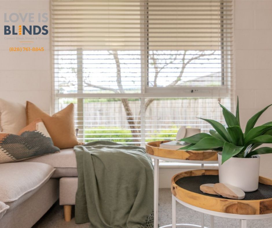 Living room with neutral-toned blinds, couch with throw pillows, small wooden tables, and greenery.